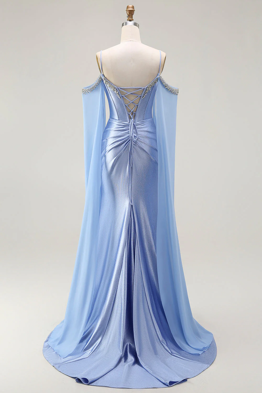 Blue Mermaid Cold Shoulder Beaded Convertible Corset Long Prom Dress with Cape Sleeves - Image 2