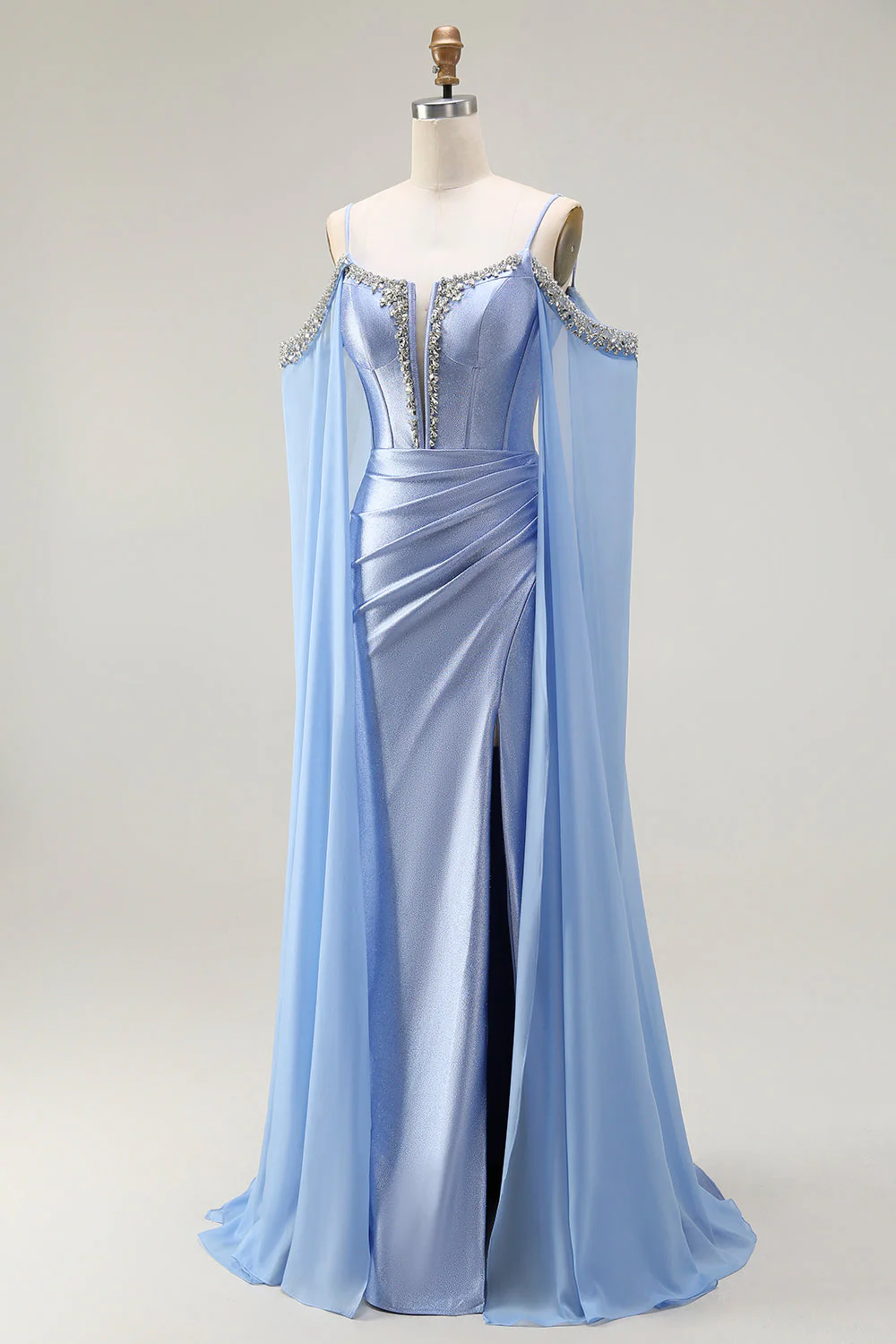 Blue Mermaid Cold Shoulder Beaded Convertible Corset Long Prom Dress with Cape Sleeves - Image 3
