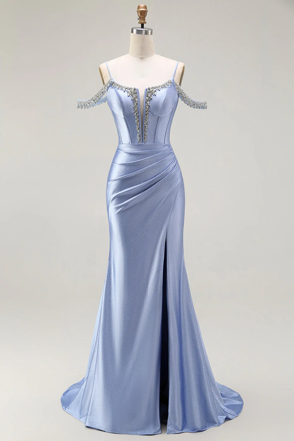 Blue Mermaid Cold Shoulder Beaded Convertible Corset Long Prom Dress with Cape Sleeves - Image 4