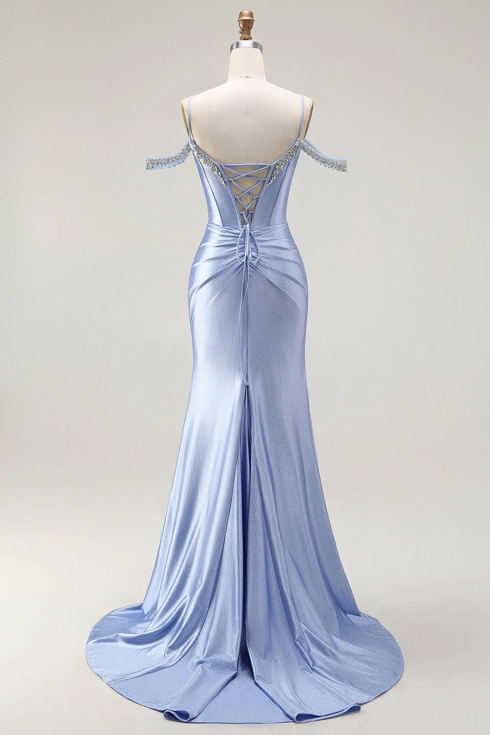Blue Mermaid Cold Shoulder Beaded Convertible Corset Long Prom Dress with Cape Sleeves - Image 5