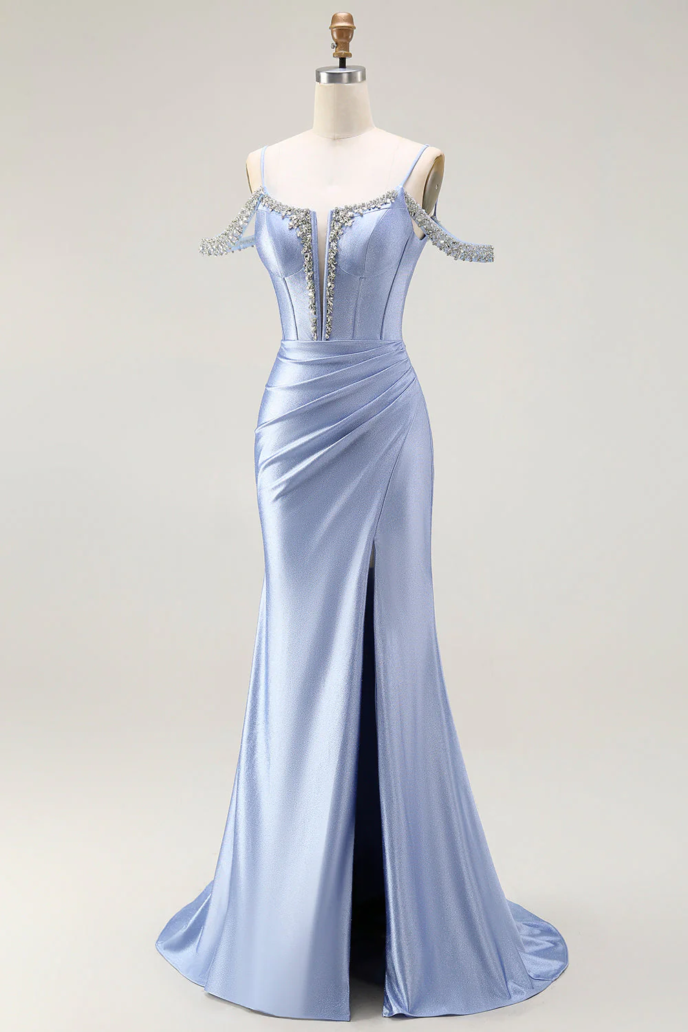 Blue Mermaid Cold Shoulder Beaded Convertible Corset Long Prom Dress with Cape Sleeves - Image 6