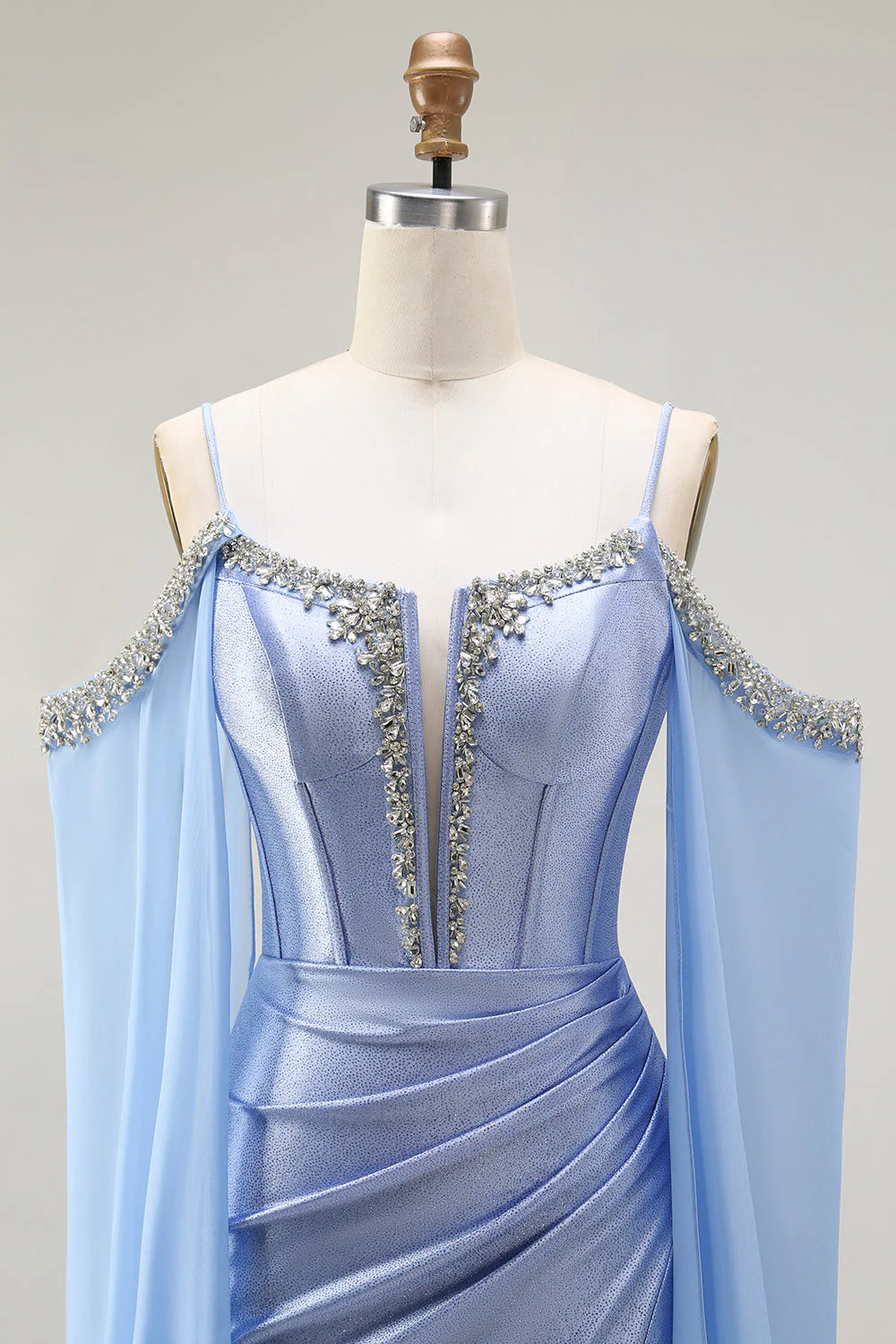 Blue Mermaid Cold Shoulder Beaded Convertible Corset Long Prom Dress with Cape Sleeves - Image 7