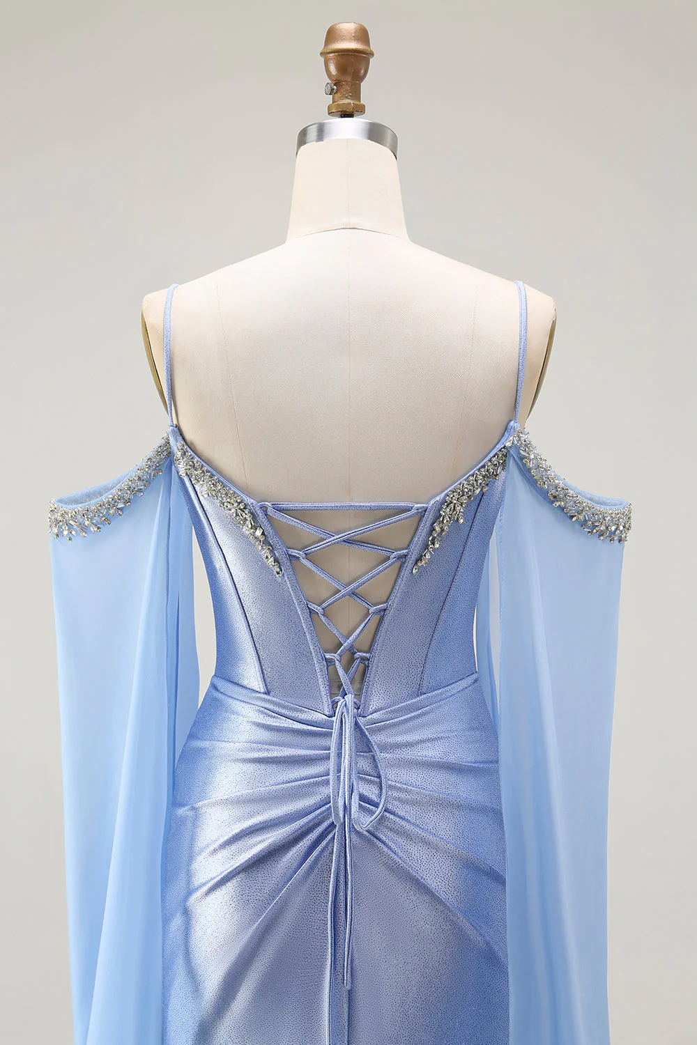 Blue Mermaid Cold Shoulder Beaded Convertible Corset Long Prom Dress with Cape Sleeves - Image 8