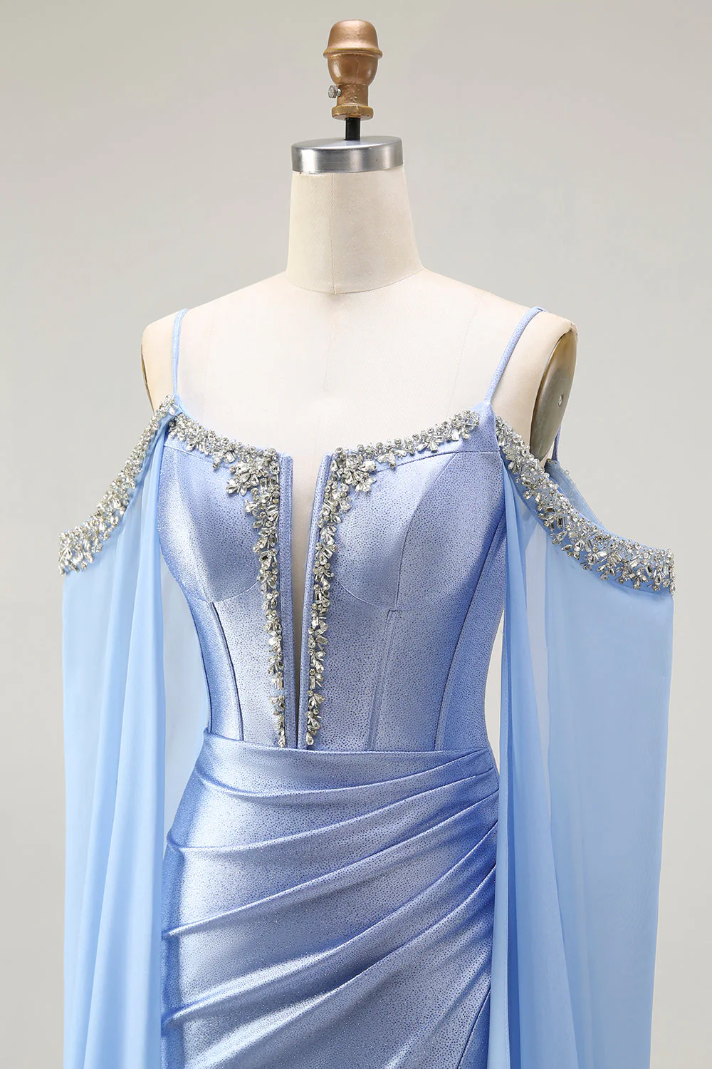 Blue Mermaid Cold Shoulder Beaded Convertible Corset Long Prom Dress with Cape Sleeves - Image 9