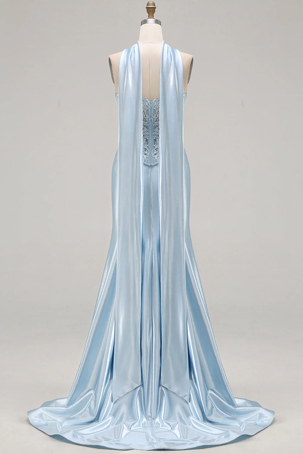 Blue Mermaid Corset Sweetheart Convertible Long Satin Prom Dress with Streamer - Image 2