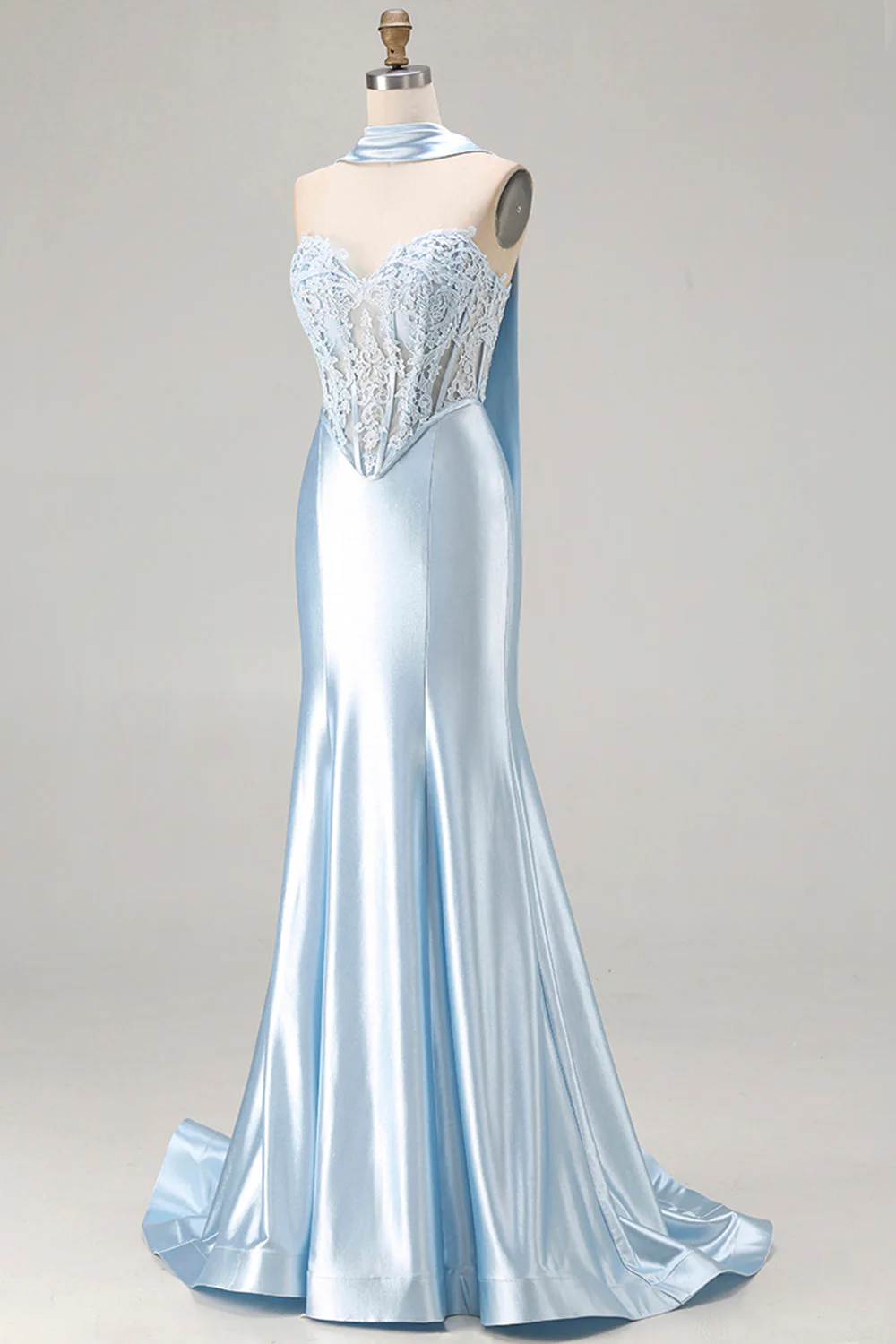Blue Mermaid Corset Sweetheart Convertible Long Satin Prom Dress with Streamer - Image 3