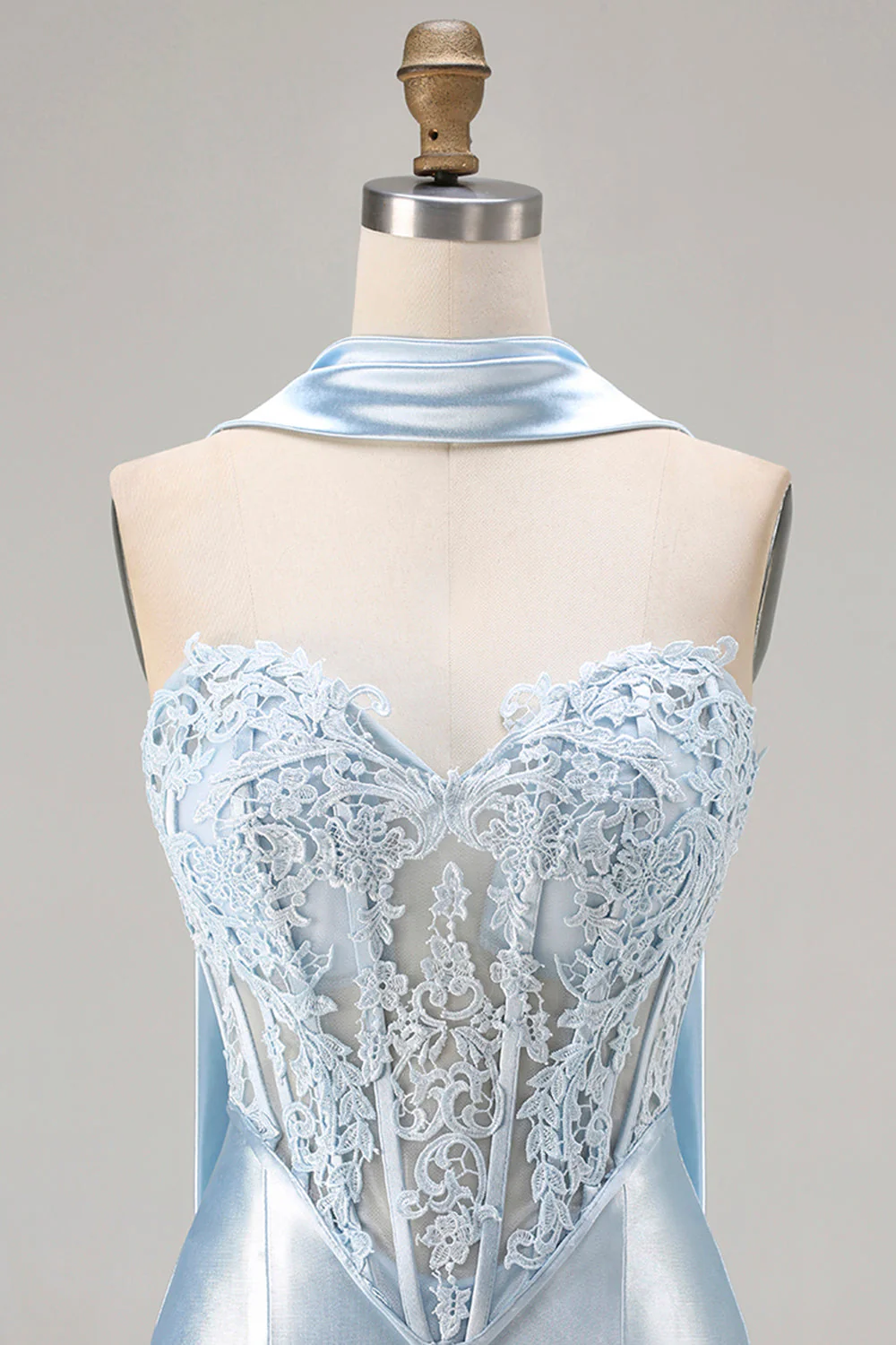 Blue Mermaid Corset Sweetheart Convertible Long Satin Prom Dress with Streamer - Image 4