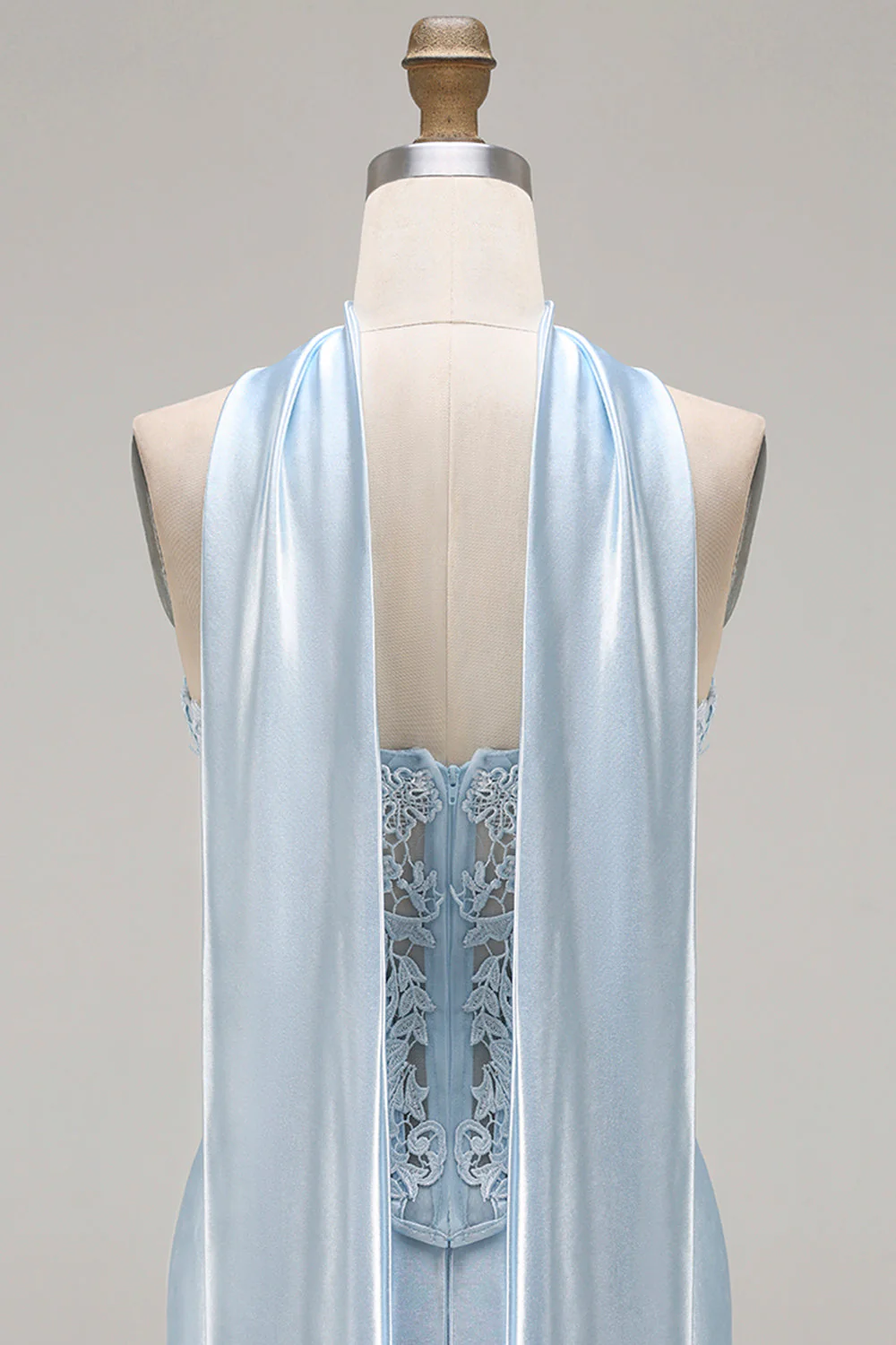 Blue Mermaid Corset Sweetheart Convertible Long Satin Prom Dress with Streamer - Image 5