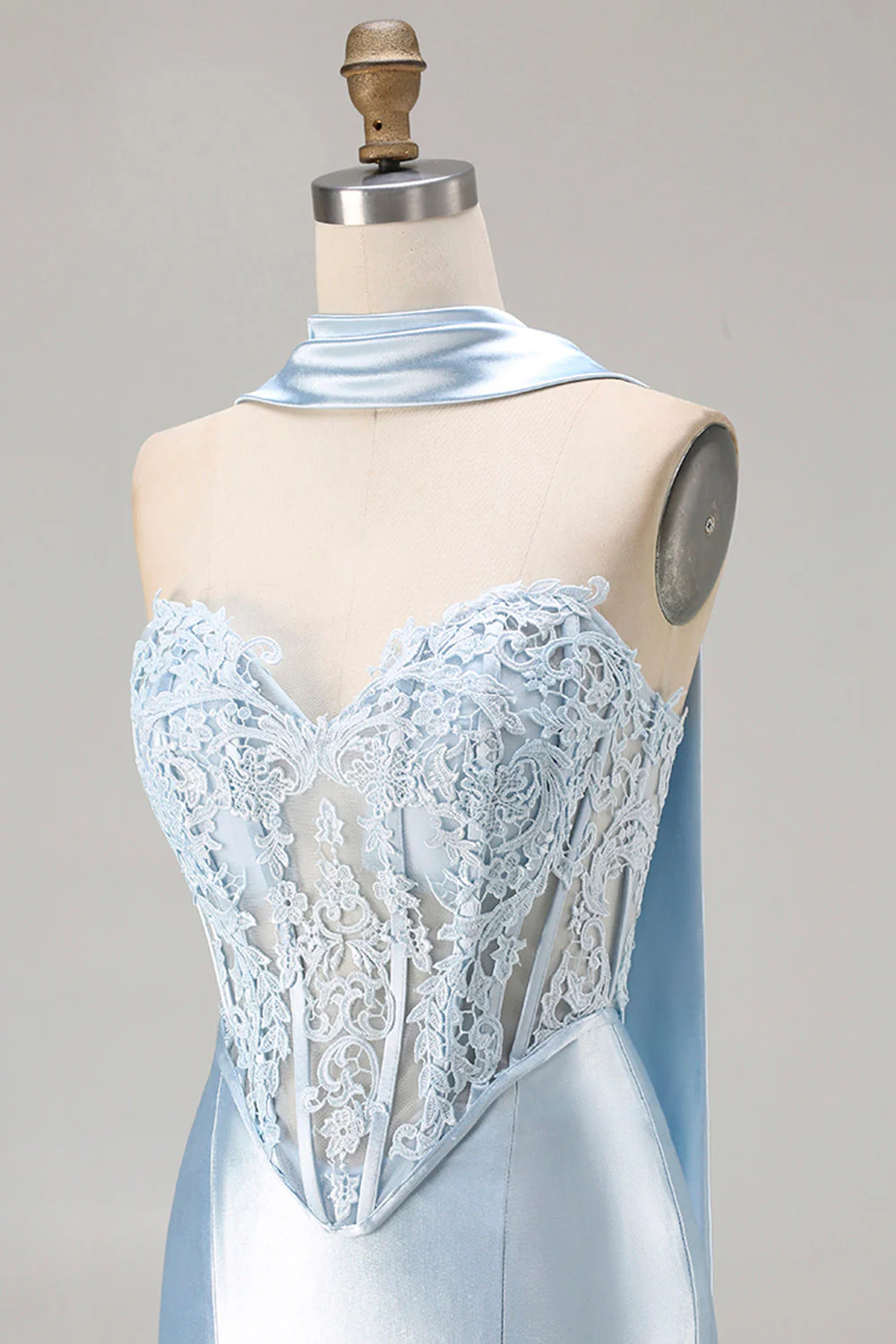 Blue Mermaid Corset Sweetheart Convertible Long Satin Prom Dress with Streamer - Image 6