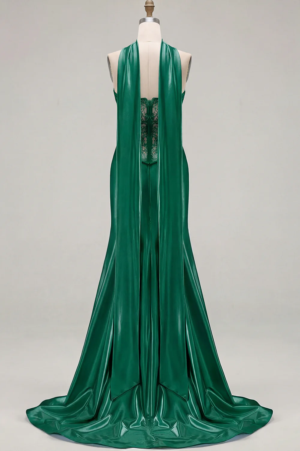 Blue Mermaid Corset Sweetheart Convertible Long Satin Prom Dress with Streamer - Image 10