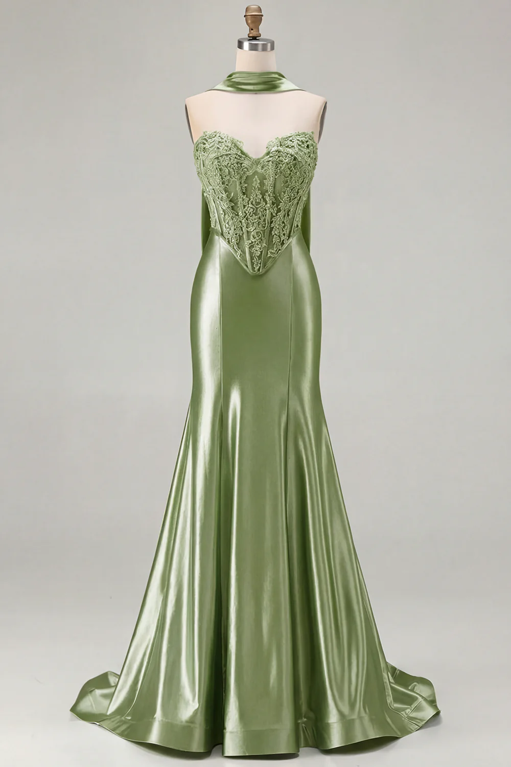 Blue Mermaid Corset Sweetheart Convertible Long Satin Prom Dress with Streamer - Image 15