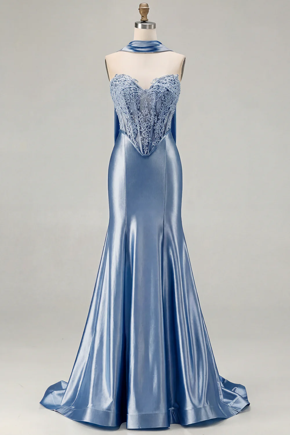Blue Mermaid Corset Sweetheart Convertible Long Satin Prom Dress with Streamer - Image 17