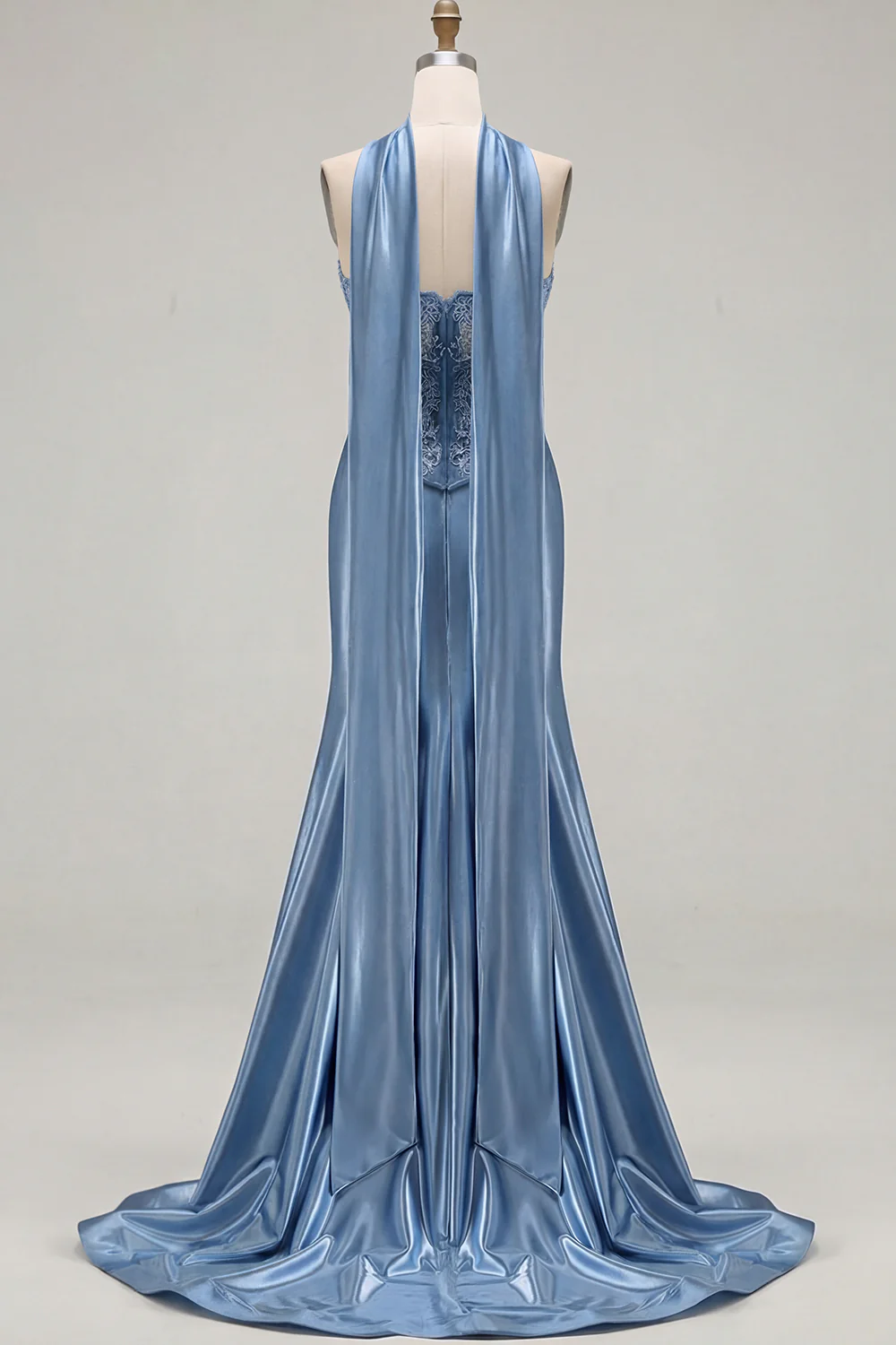 Blue Mermaid Corset Sweetheart Convertible Long Satin Prom Dress with Streamer - Image 18