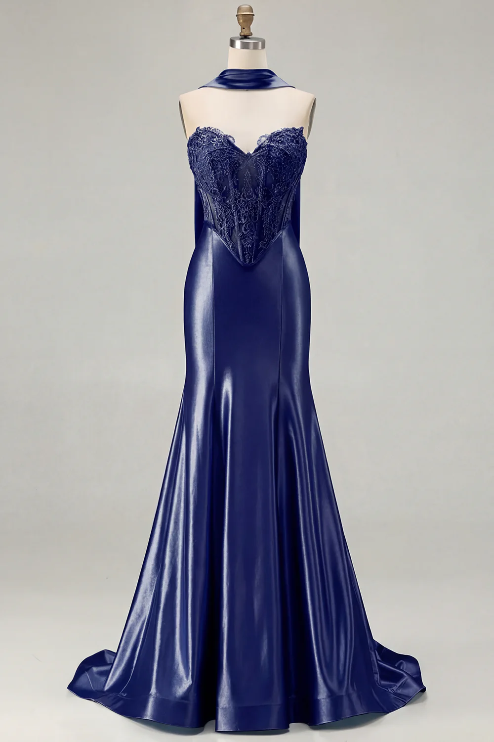Blue Mermaid Corset Sweetheart Convertible Long Satin Prom Dress with Streamer - Image 19