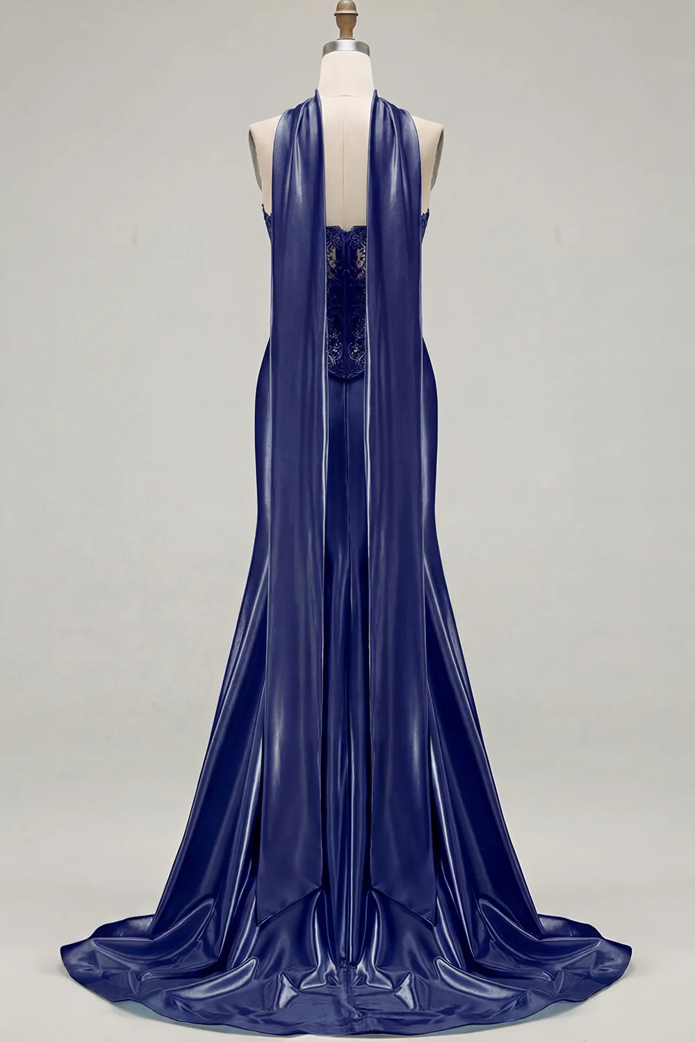 Blue Mermaid Corset Sweetheart Convertible Long Satin Prom Dress with Streamer - Image 20