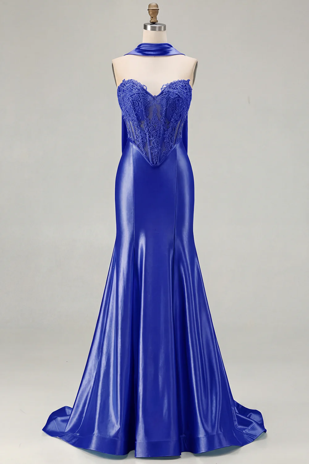 Blue Mermaid Corset Sweetheart Convertible Long Satin Prom Dress with Streamer - Image 25