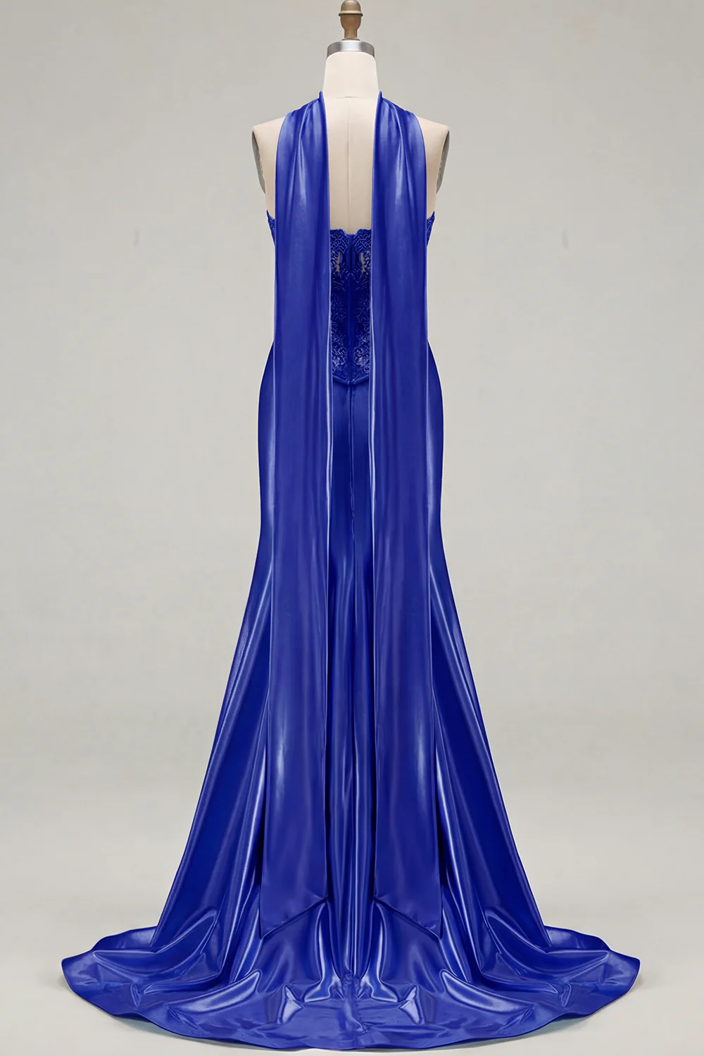 Blue Mermaid Corset Sweetheart Convertible Long Satin Prom Dress with Streamer - Image 26