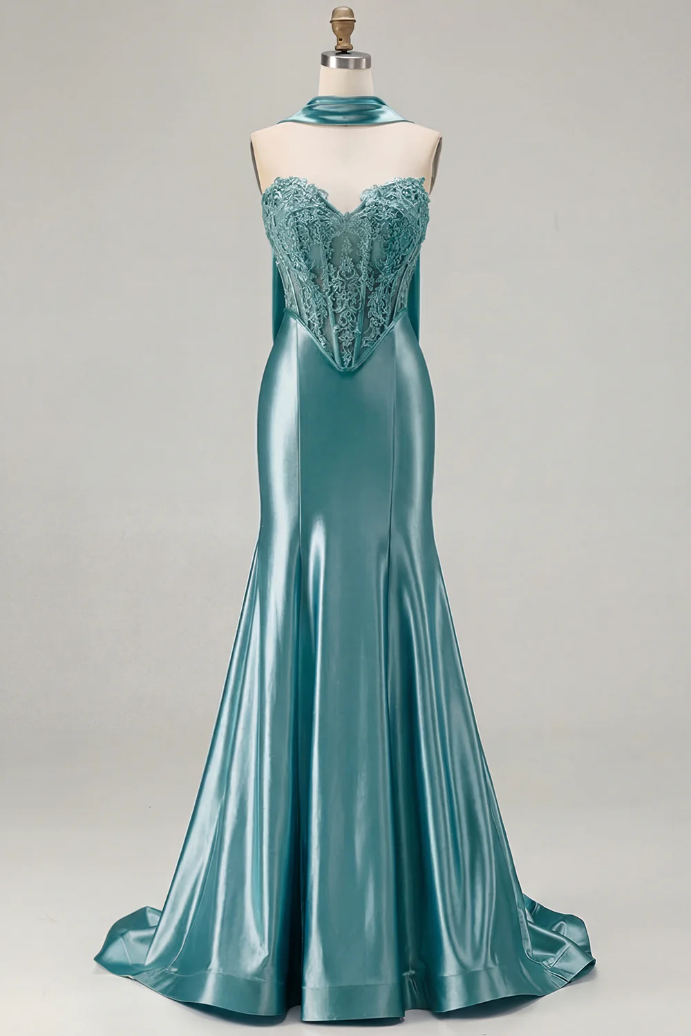 Blue Mermaid Corset Sweetheart Convertible Long Satin Prom Dress with Streamer - Image 27