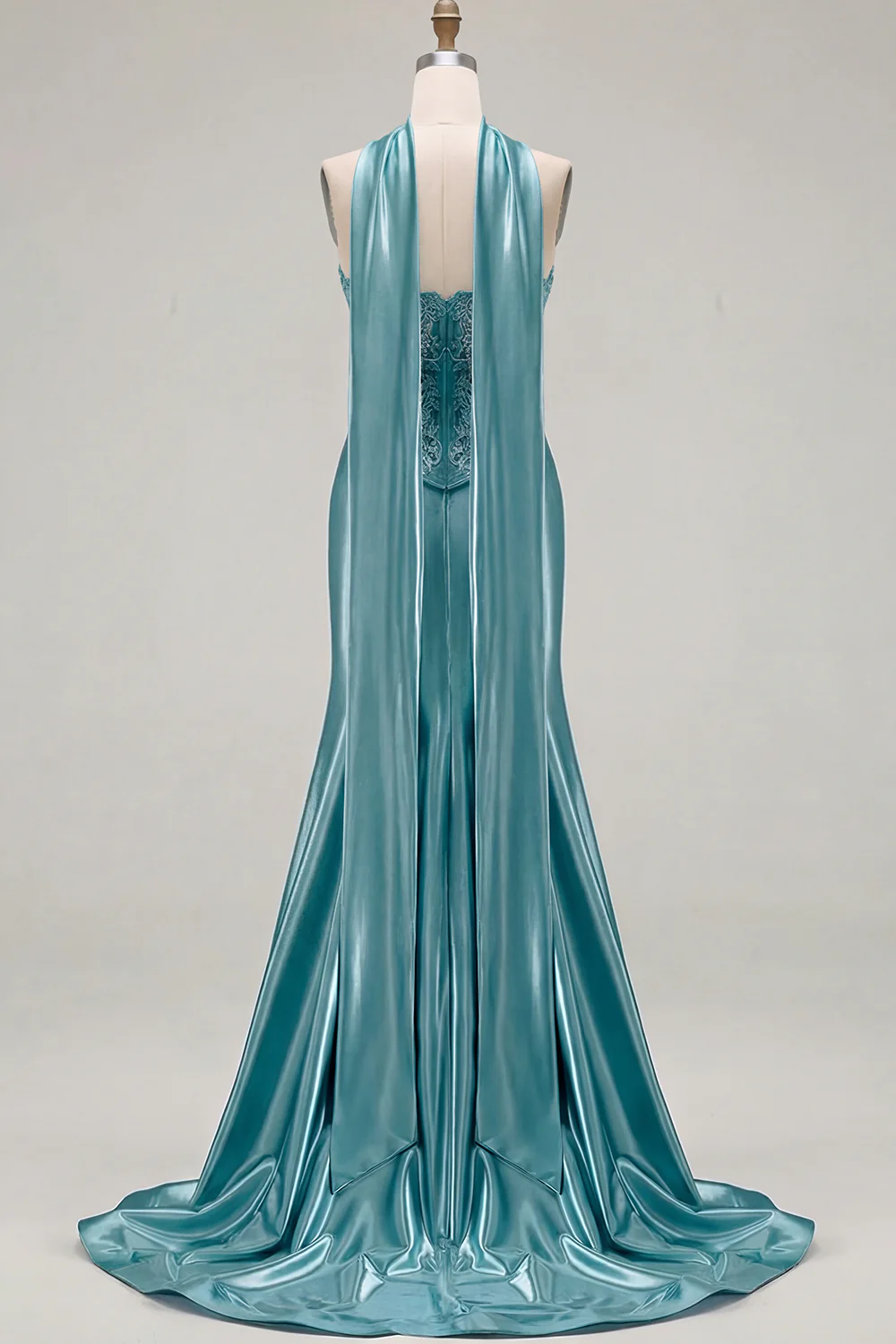 Blue Mermaid Corset Sweetheart Convertible Long Satin Prom Dress with Streamer - Image 28