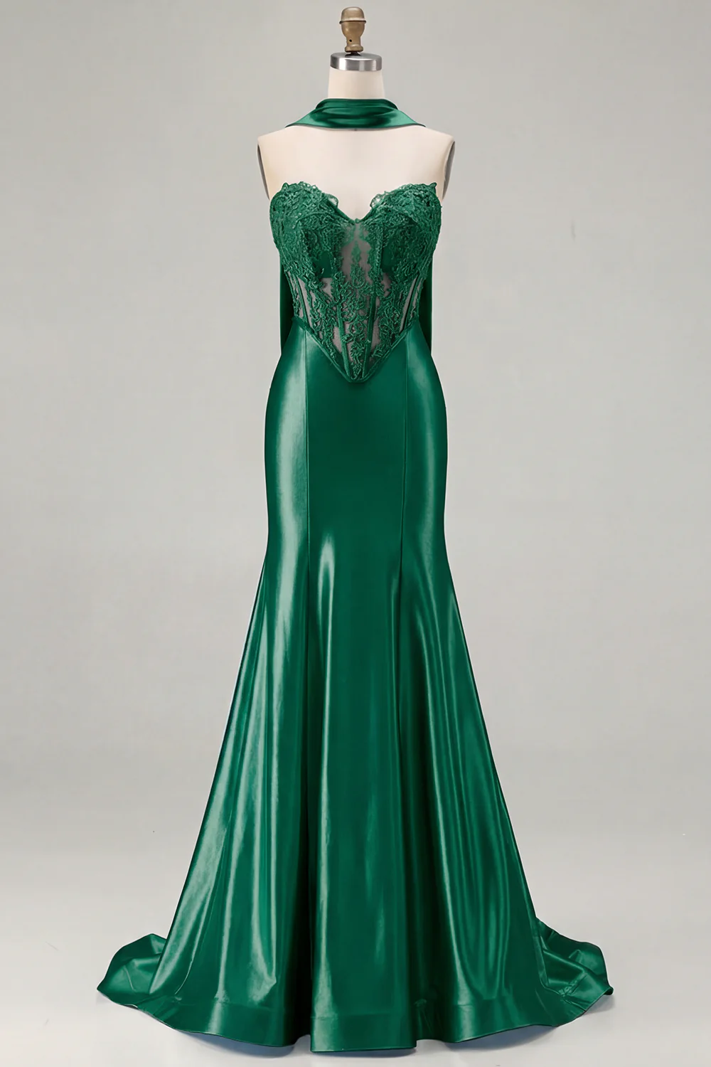 Blue Mermaid Corset Sweetheart Convertible Long Satin Prom Dress with Streamer - Image 9