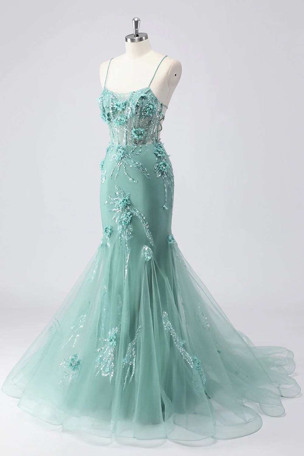 Blue Mermaid Corset Tulle Long Plus Size Prom Dress with 3D Flowers - Image 10