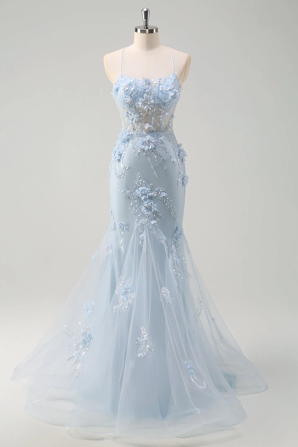 Blue Mermaid Corset Tulle Long Plus Size Prom Dress with 3D Flowers - Image 5