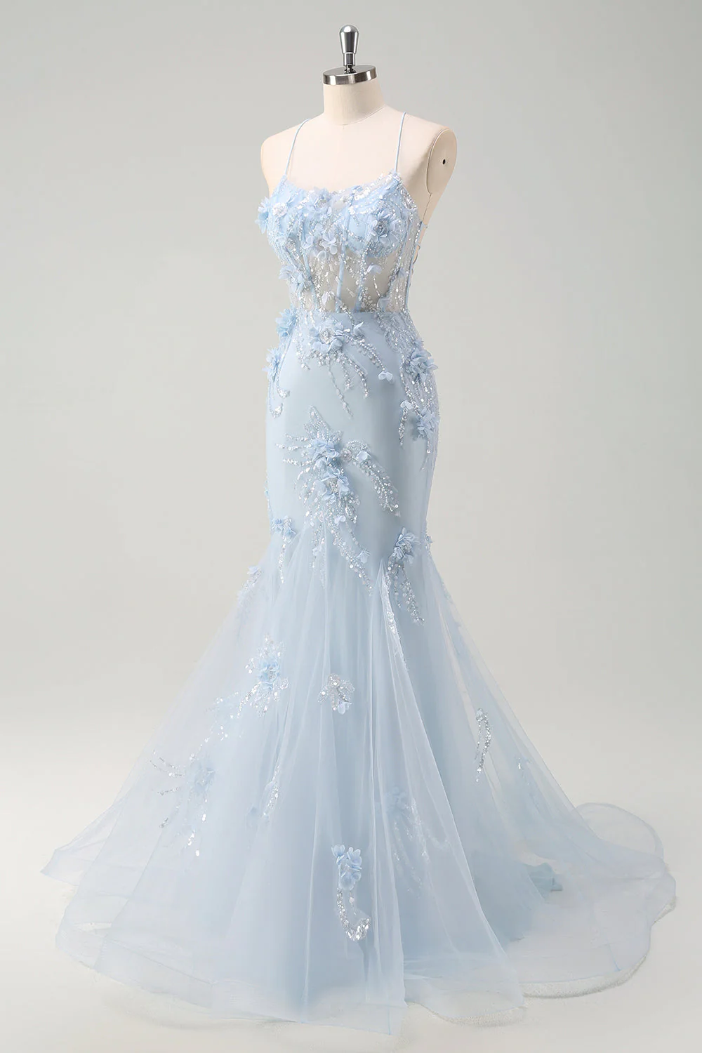 Blue Mermaid Corset Tulle Long Plus Size Prom Dress with 3D Flowers - Image 7