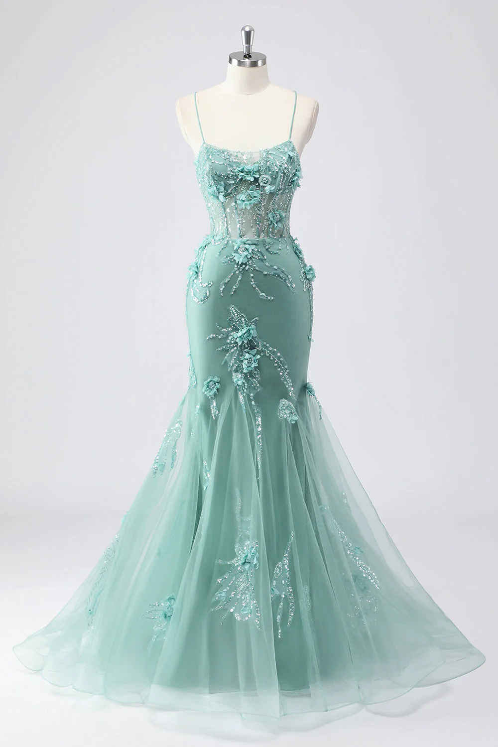 Blue Mermaid Corset Tulle Long Plus Size Prom Dress with 3D Flowers - Image 8