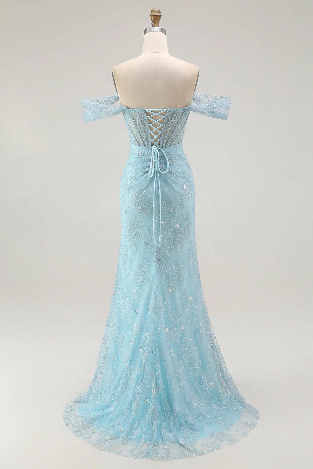 Blue Mermaid Off The Shoulder Beaded Long Prom Dress with Slit - Image 2