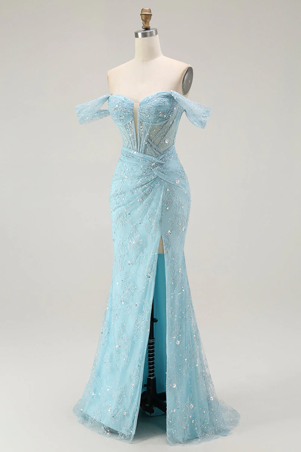 Blue Mermaid Off The Shoulder Beaded Long Prom Dress with Slit - Image 5
