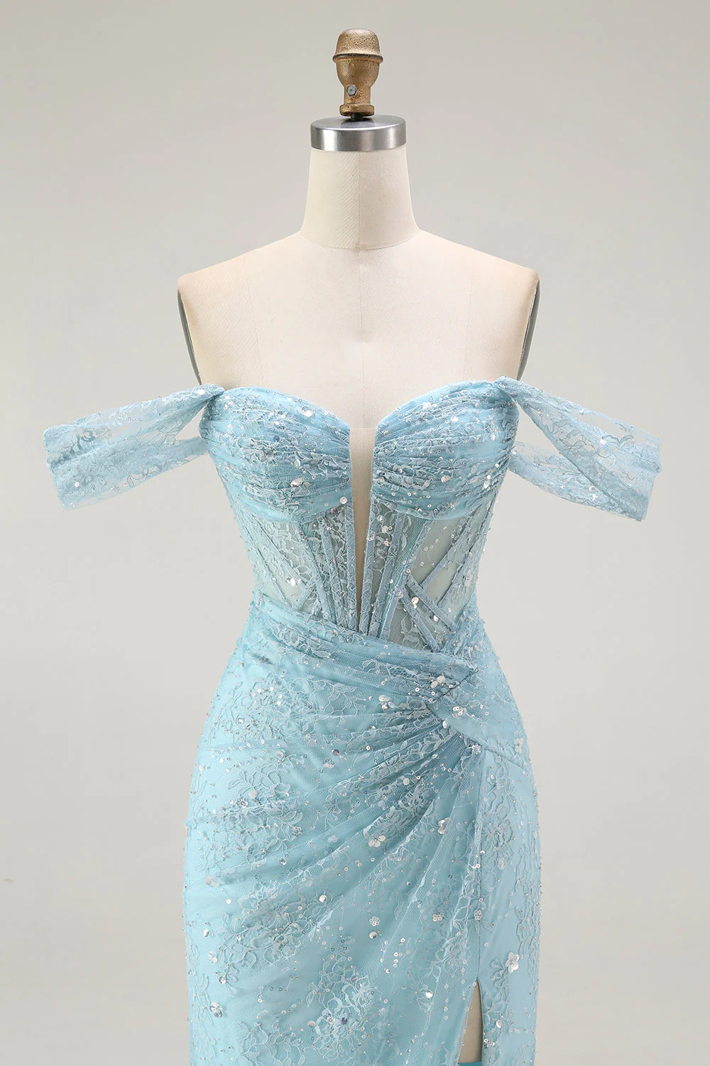 Blue Mermaid Off The Shoulder Beaded Long Prom Dress with Slit - Image 6