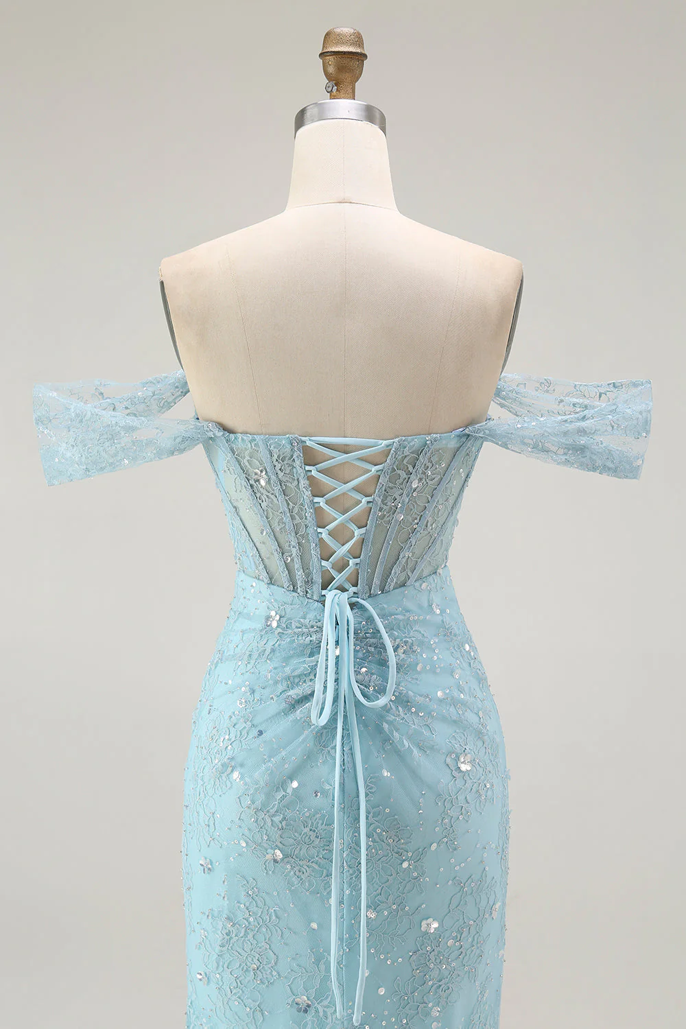 Blue Mermaid Off The Shoulder Beaded Long Prom Dress with Slit - Image 7