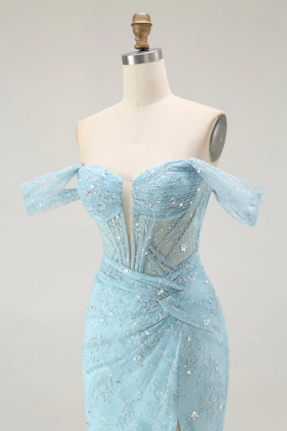 Blue Mermaid Off The Shoulder Beaded Long Prom Dress with Slit - Image 8