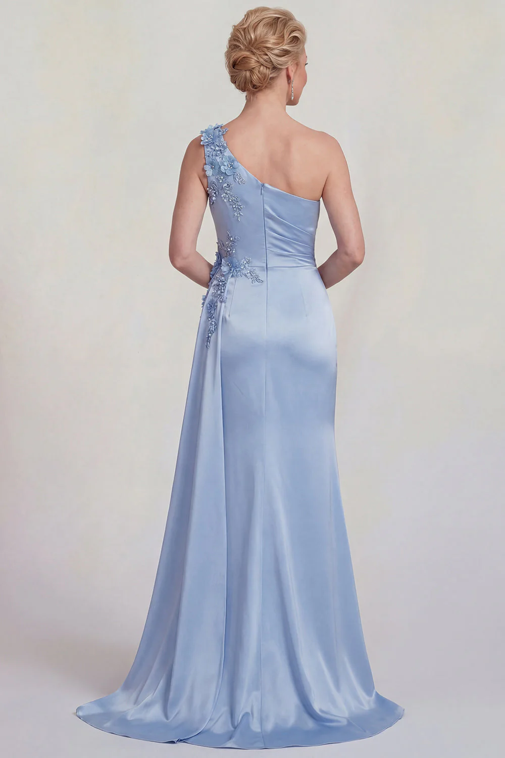 Blue One Shoulder Mermaid Appliqued Satin Mother of the Bride Dress with Slit - Image 2