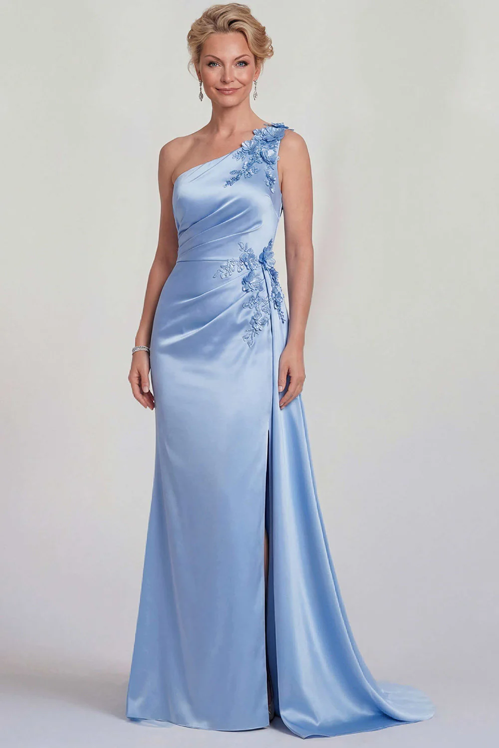 Blue One Shoulder Mermaid Appliqued Satin Mother of the Bride Dress with Slit - Image 3