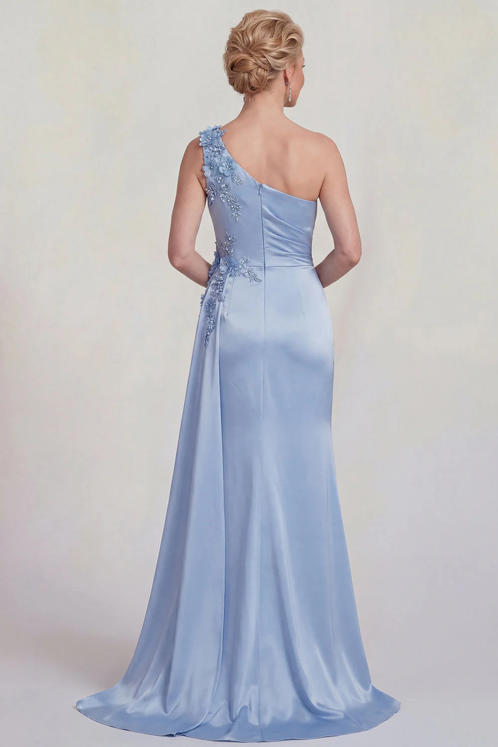 Blue One Shoulder Mermaid Appliqued Satin Mother of the Bride Dress with Slit - Image 5