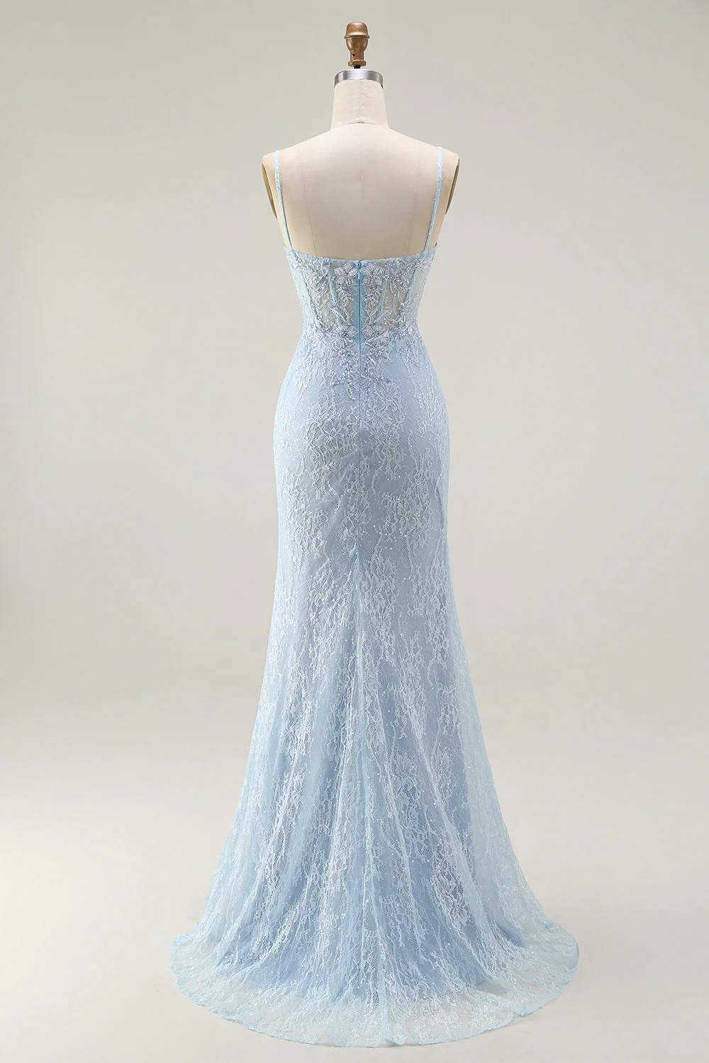Blue Mermaid Spaghetti Straps Corset Lace Beaded Long Prom Dress with Slit - Image 2