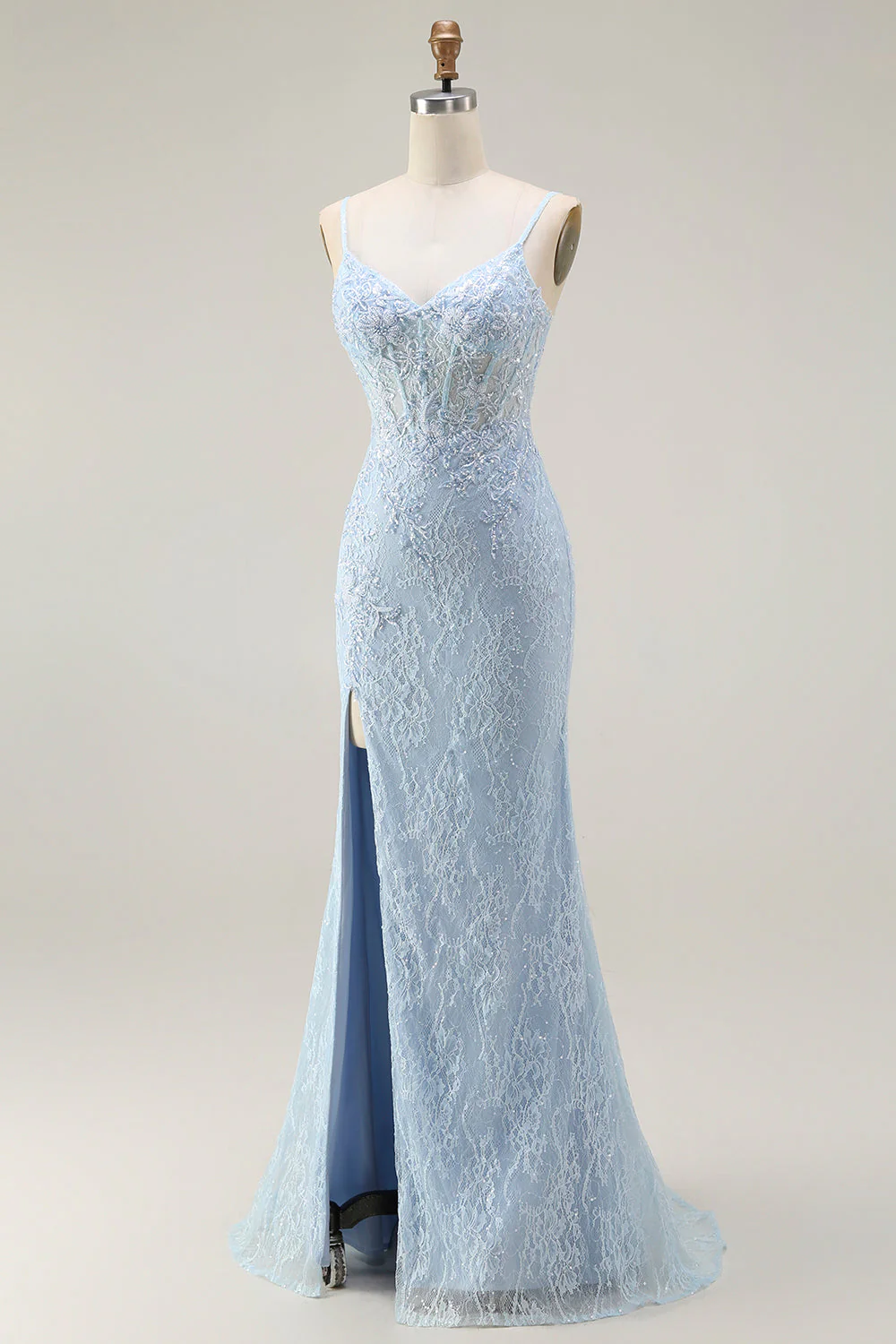 Blue Mermaid Spaghetti Straps Corset Lace Beaded Long Prom Dress with Slit - Image 3