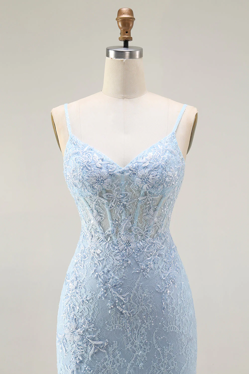Blue Mermaid Spaghetti Straps Corset Lace Beaded Long Prom Dress with Slit - Image 4