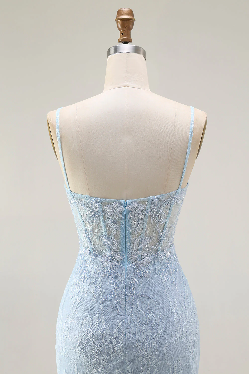 Blue Mermaid Spaghetti Straps Corset Lace Beaded Long Prom Dress with Slit - Image 5