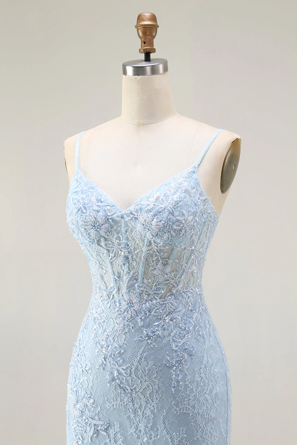Blue Mermaid Spaghetti Straps Corset Lace Beaded Long Prom Dress with Slit - Image 6