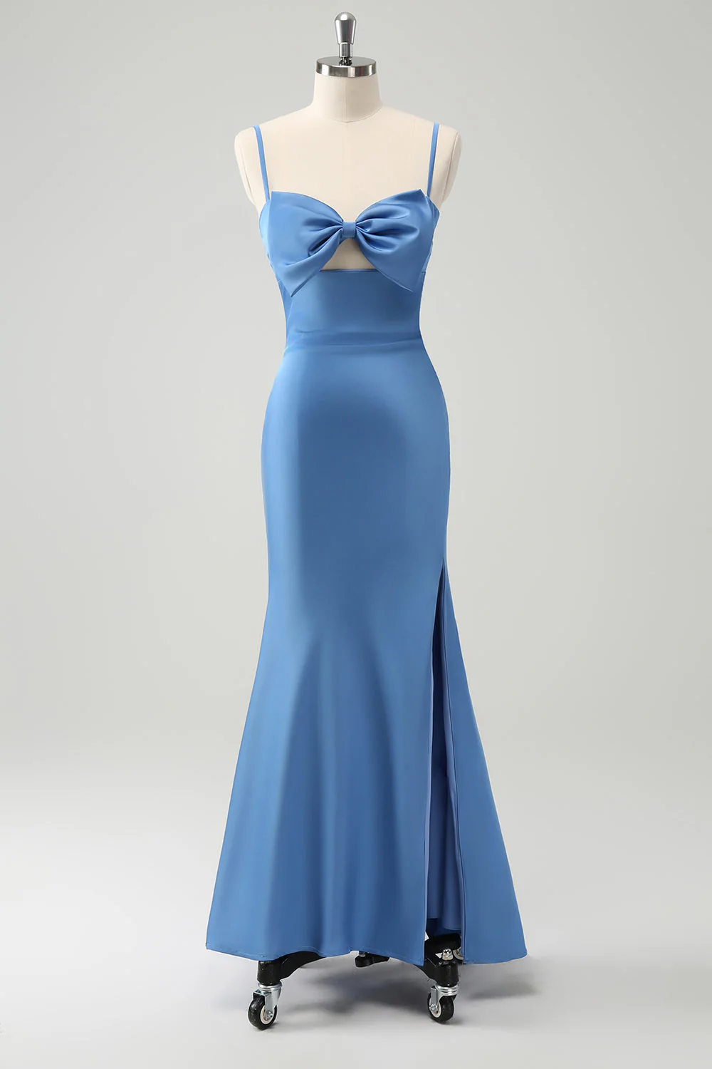Blue Mermaid Spaghetti Straps Long Bridesmaid Dress with Bowknot - Image 3