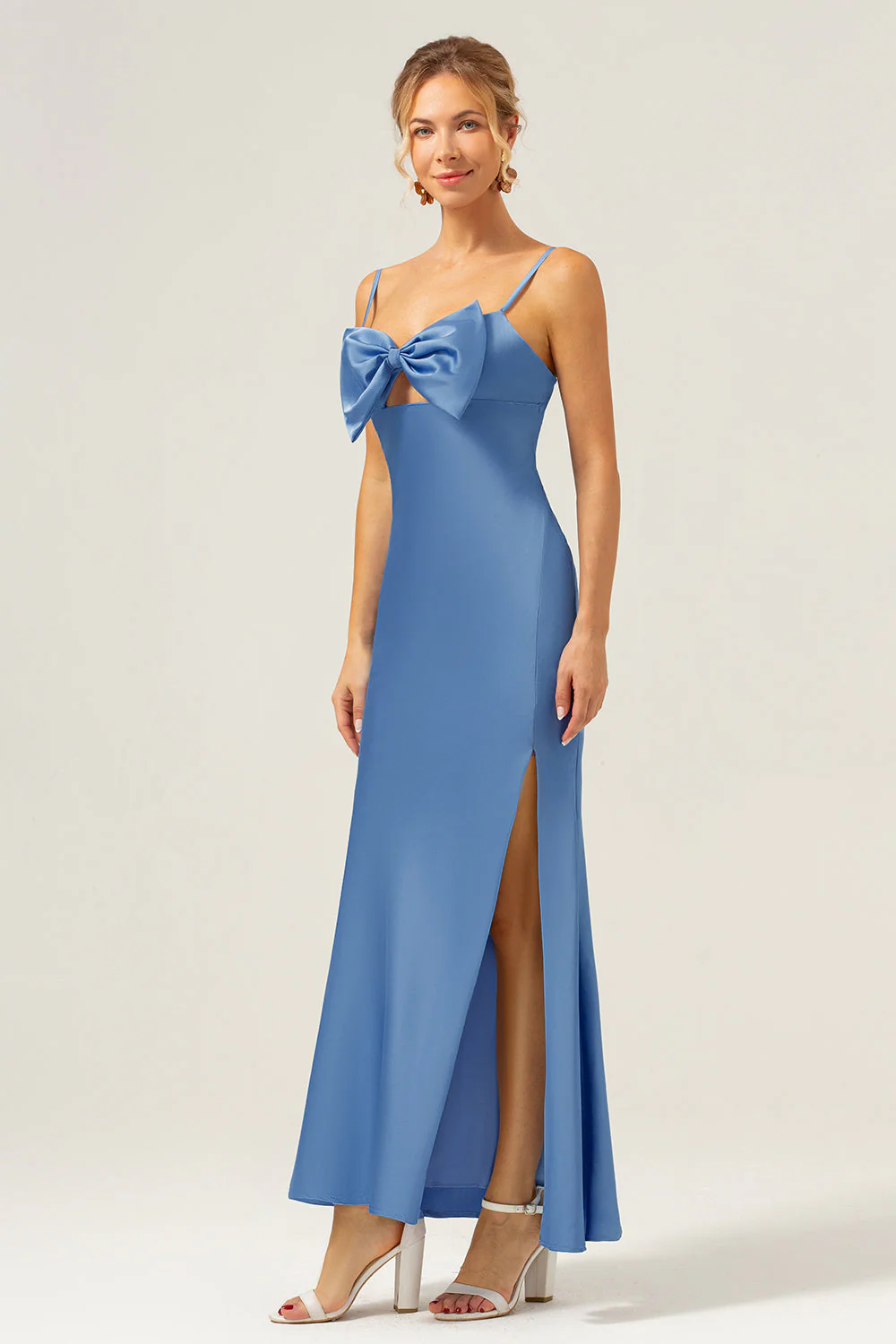 Blue Mermaid Spaghetti Straps Long Bridesmaid Dress with Bowknot - Image 5