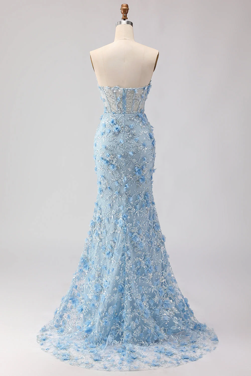 Blue Mermaid Strapless Corset 3D Flowers Sequin Long Prom Dress with Slit - Image 2