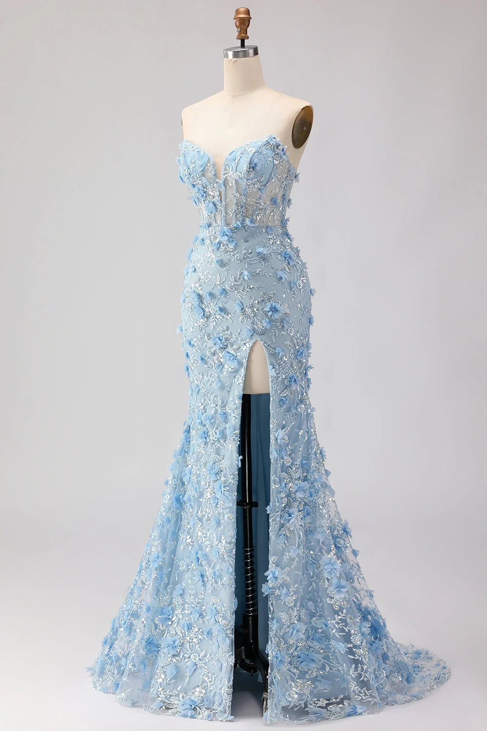 Blue Mermaid Strapless Corset 3D Flowers Sequin Long Prom Dress with Slit - Image 5