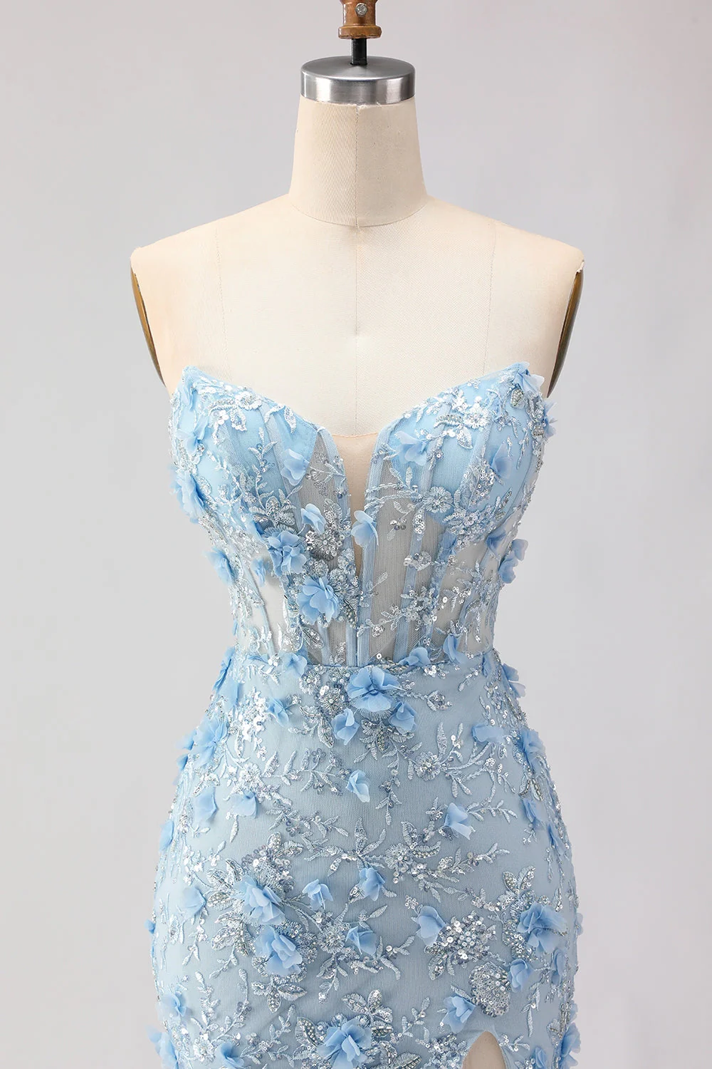 Blue Mermaid Strapless Corset 3D Flowers Sequin Long Prom Dress with Slit - Image 6