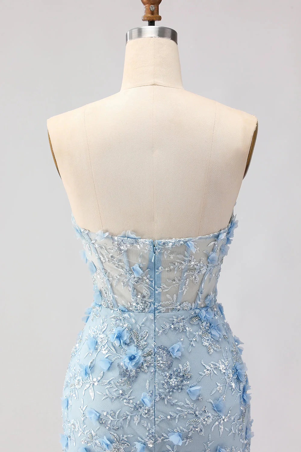 Blue Mermaid Strapless Corset 3D Flowers Sequin Long Prom Dress with Slit - Image 7