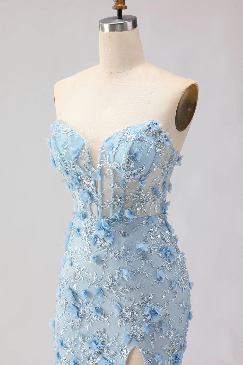 Blue Mermaid Strapless Corset 3D Flowers Sequin Long Prom Dress with Slit - Image 8
