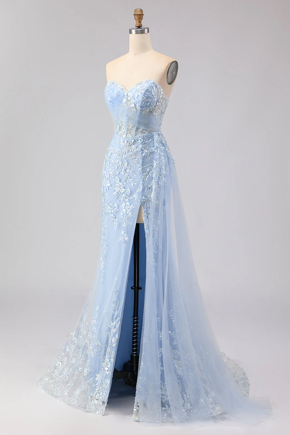 Blue Mermaid Sweetheart Corset Beaded Sequin Long Prom Dress with Slit - Image 5