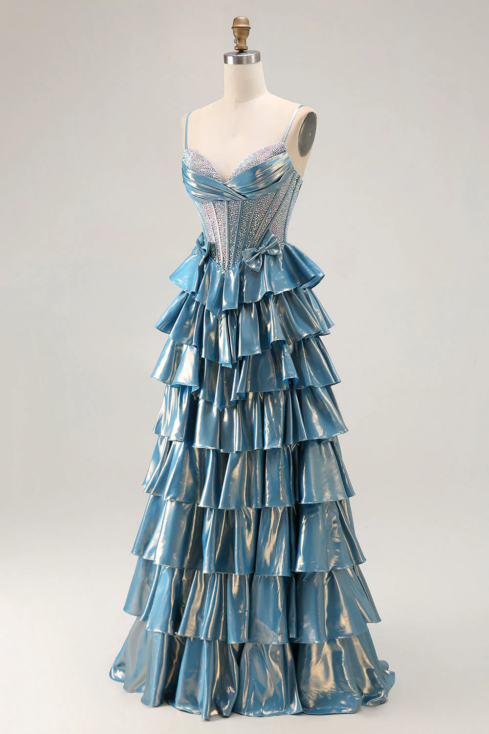 Blue Metallic A-Line Corset Tiered Long Prom Dress With Beading - Image 3
